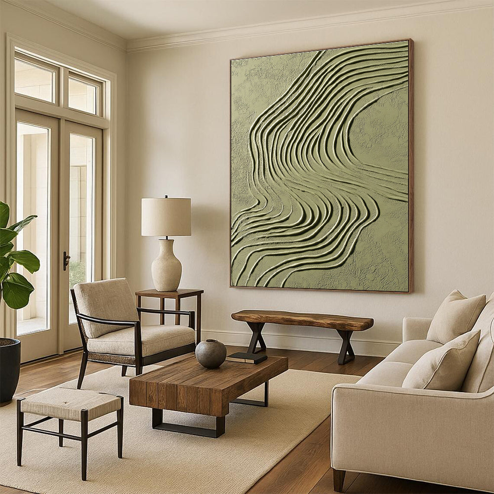 Green Curved Lines on Light Green Abstract Painting with Flowing Textures GAB0064