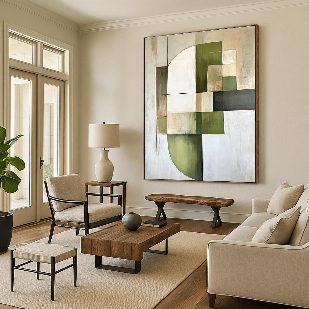 Green and Beige Geometric Abstract Painting for Minimalist - Inspired Offices GAB0903