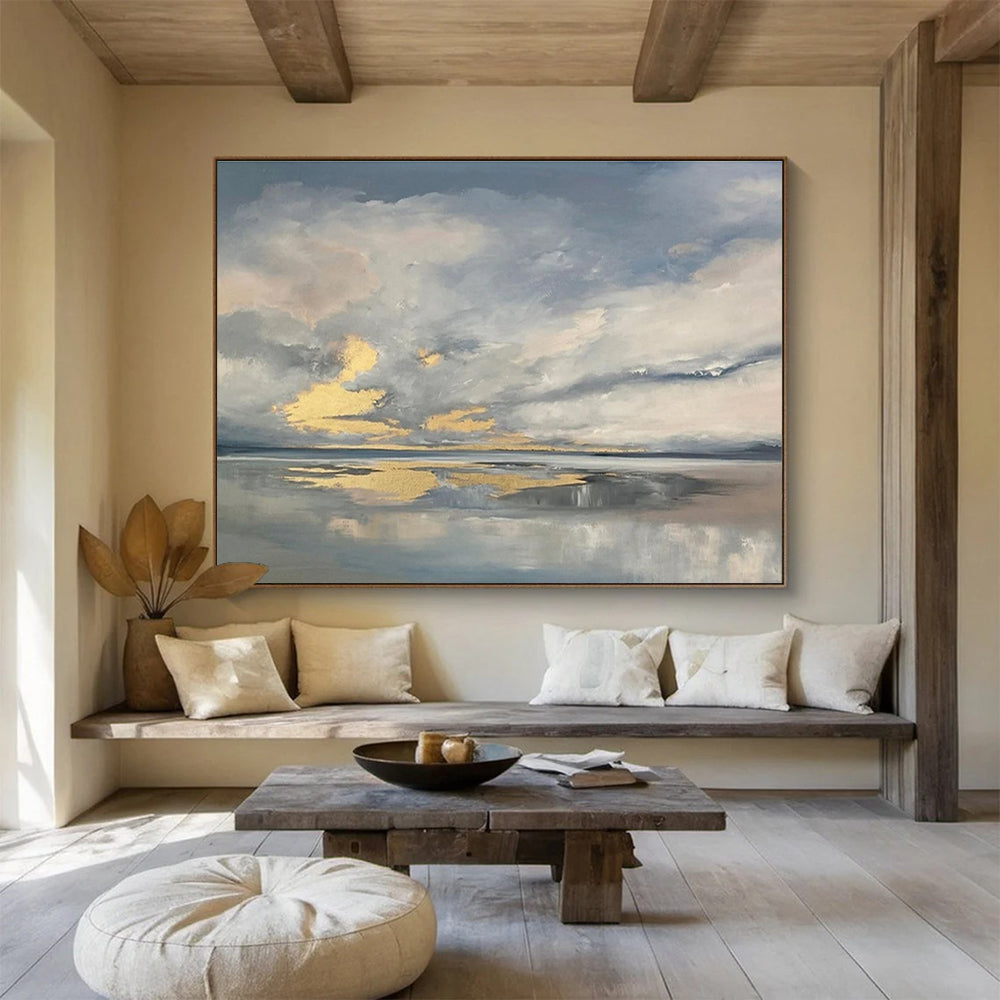 Cloudy Sea Reflection Abstract Painting for Tranquil Bedroom Retreats YHT255