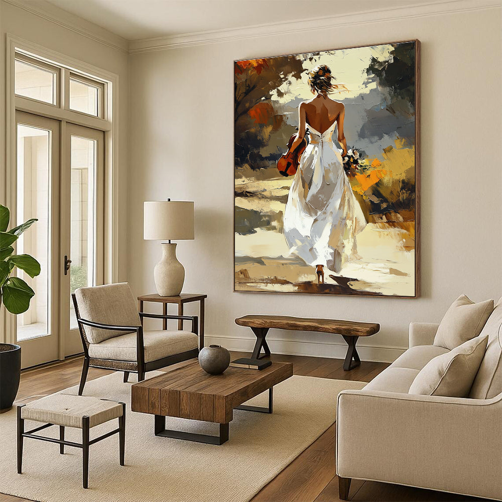 Woman with Violin in White Dress Romantic Abstract Painting for Artistic Spaces GAB1430