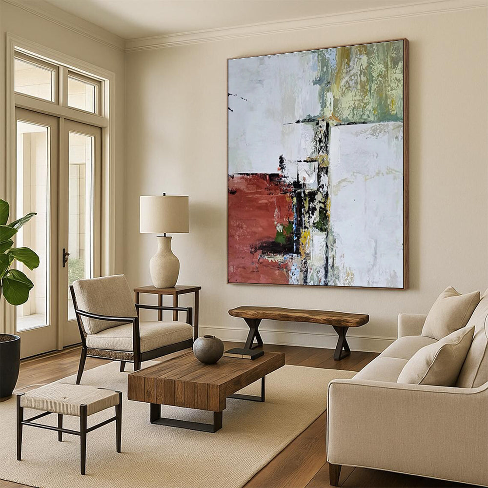Red and White Abstract Layers Abstract Painting for Modern Art Museum Installations HENG039