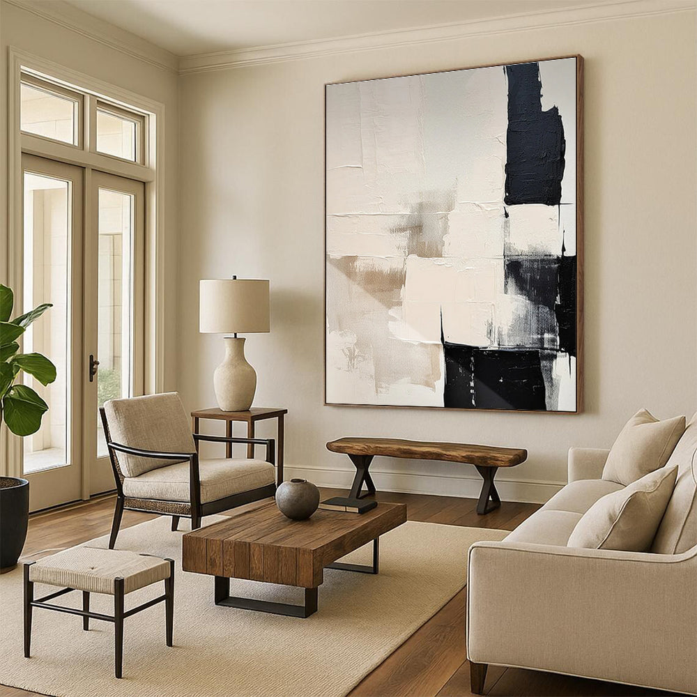 Contemporary Black and White Blocks Abstract Painting for Urban Loft Apartments HENG056