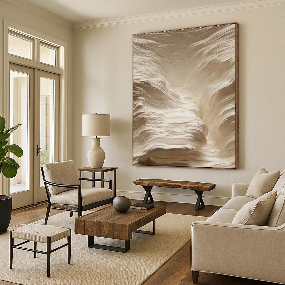 Textured Beige Waves Abstract Painting for Spa Reception Areas HENG023