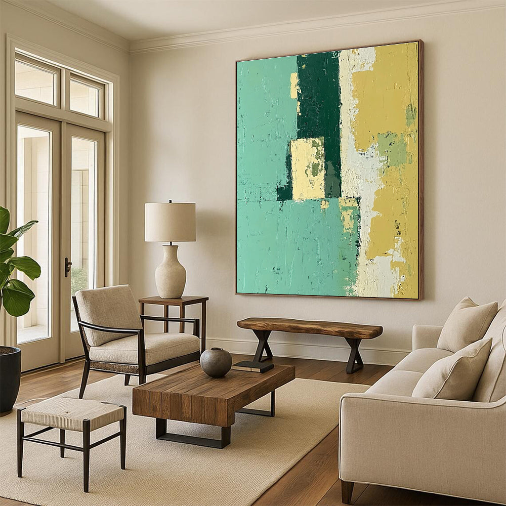 Teal and Yellow Blocks Abstract Painting with Cheerful Contrast WINK108