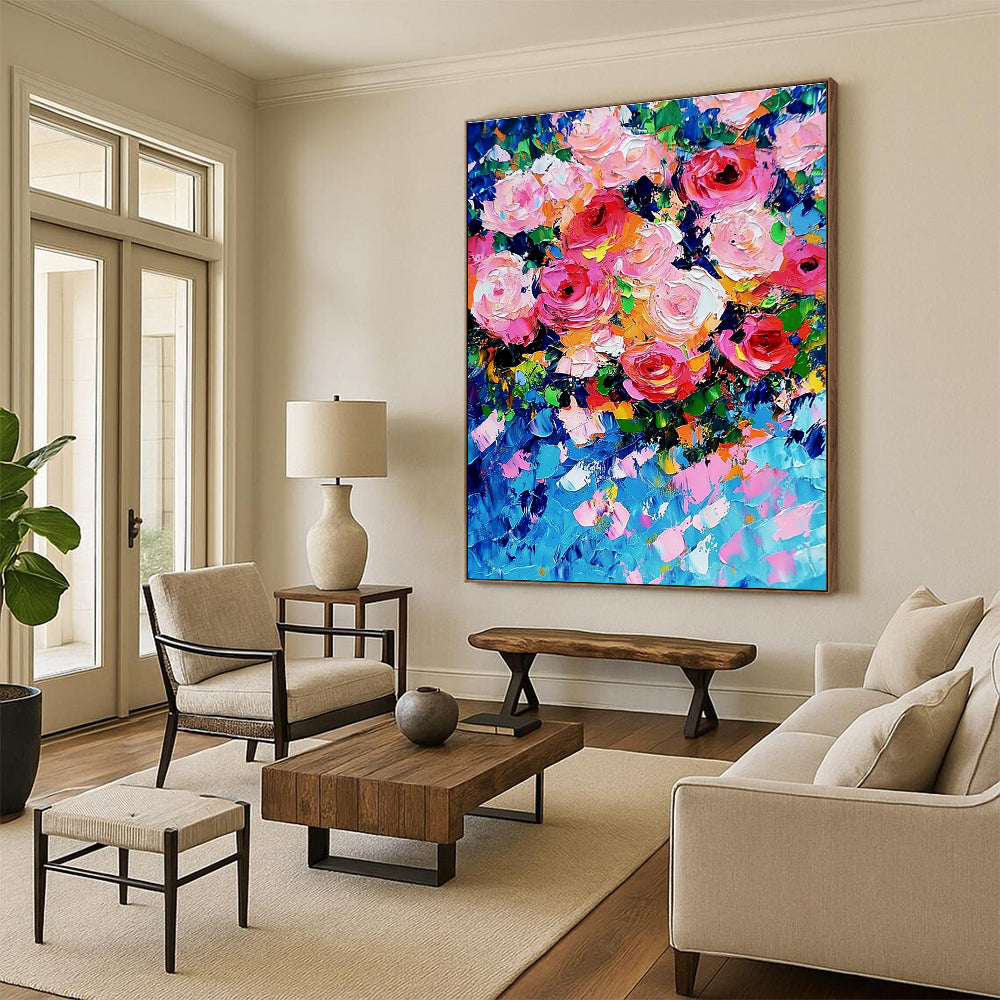 Bold Pink Rose Bouquet Abstract Painting of Passionate Blooms GAB0161