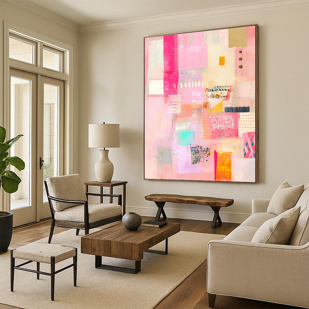 Pink Abstract Collage Painting for Feminine - Themed Boutiques GAB1348