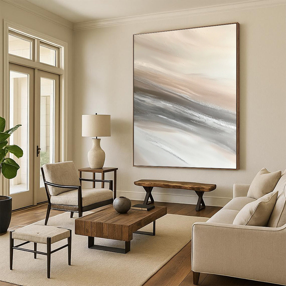 Beige and Grey Flowing Textures Abstract Painting with Soft Movement GAB0074