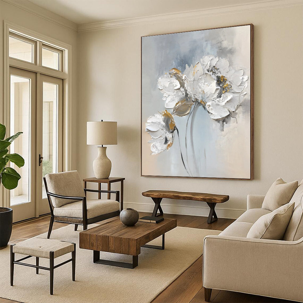 Textured Floral in Gray Abstract Painting for Elegant Bedrooms HENG447