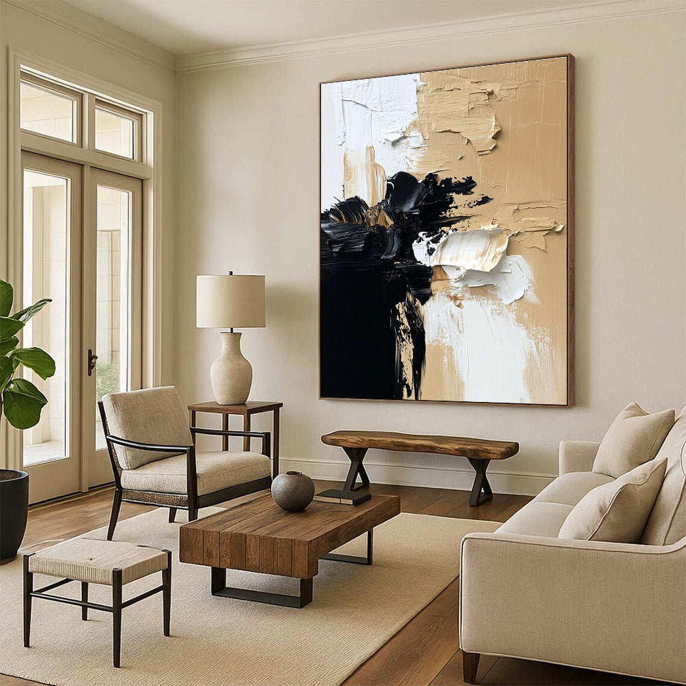 Textured Beige - Black Abstract Painting with Tactile Harmony WINK363