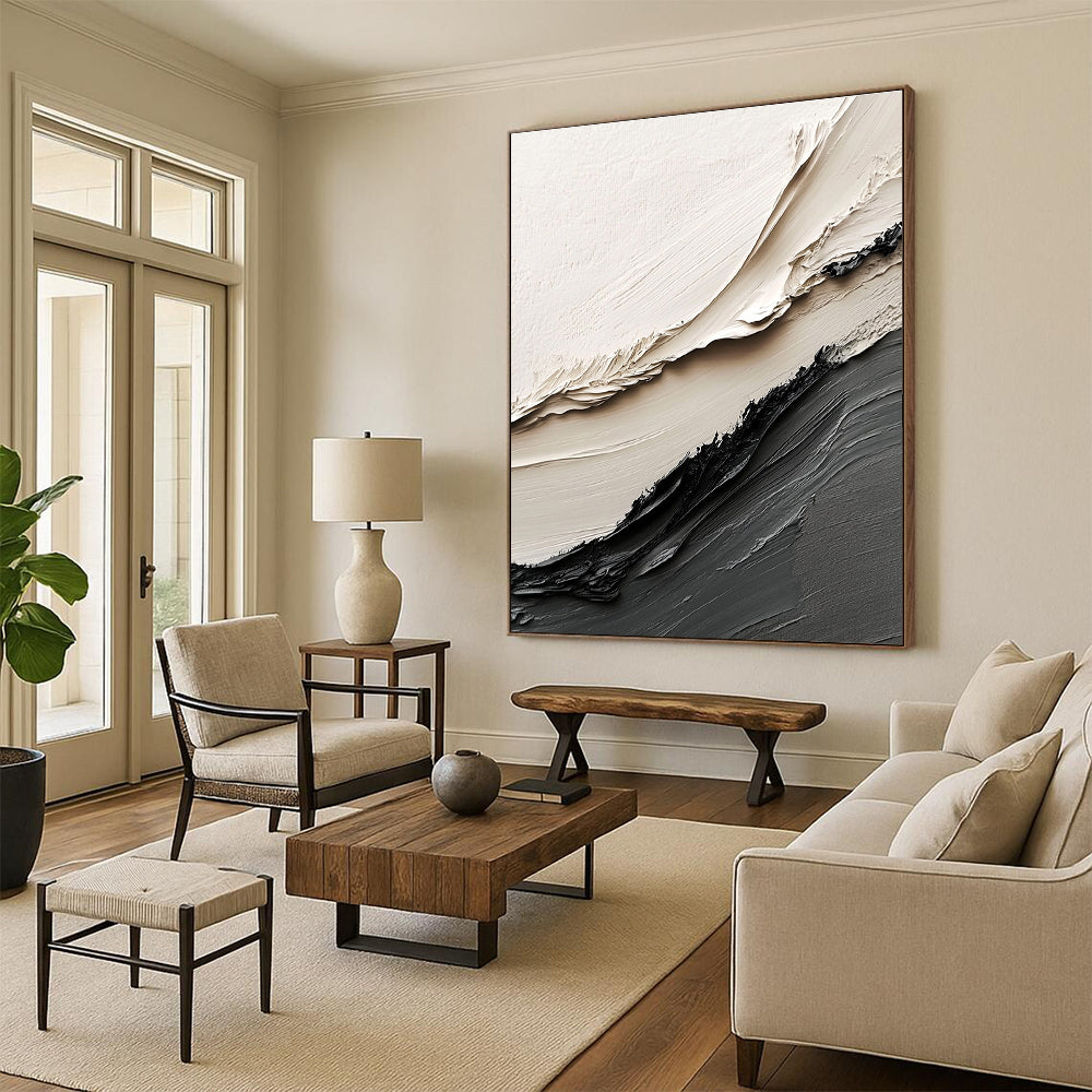 Beige and Black Textured Ridges Industrial Abstract Painting for Loft Spaces GAB1517