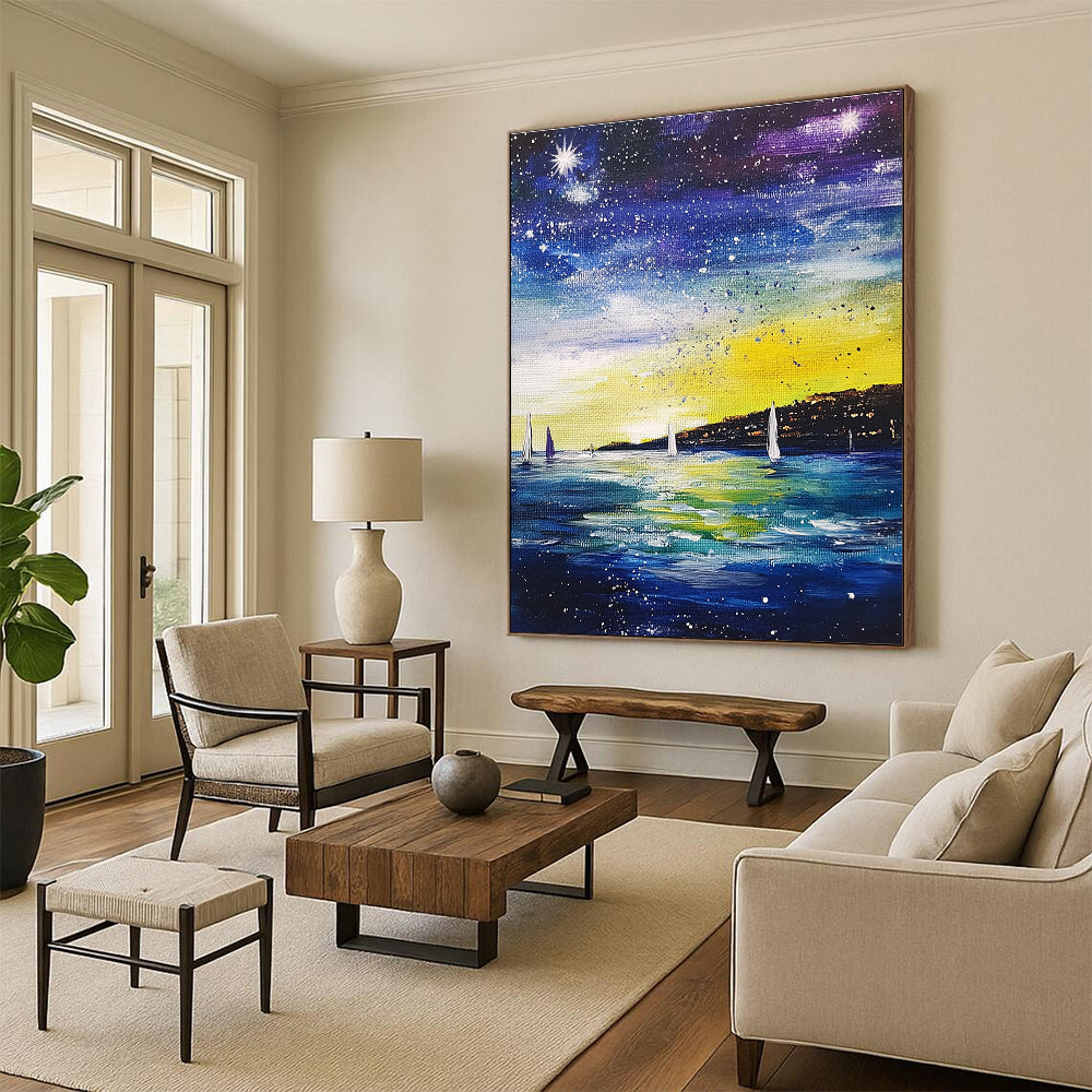 Starry Night Seaside Abstract Painting for Nautical - Themed Bedrooms GAB1263