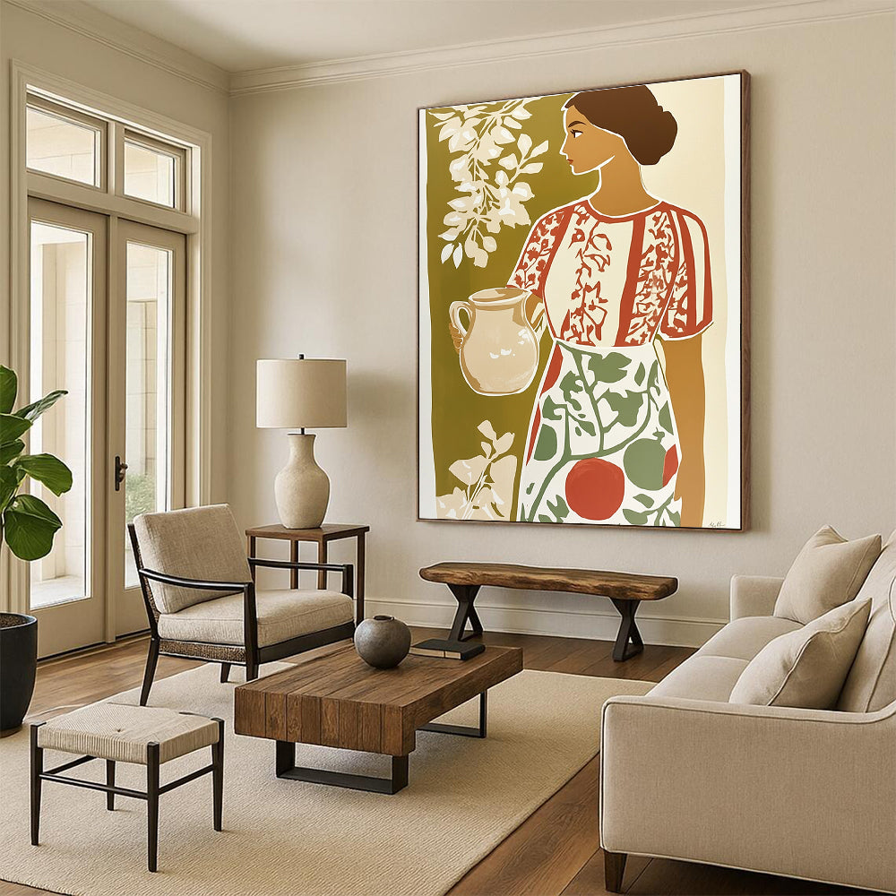 Woman with Jug Folk - Inspired Abstract Painting for Rustic Spaces GAB1460