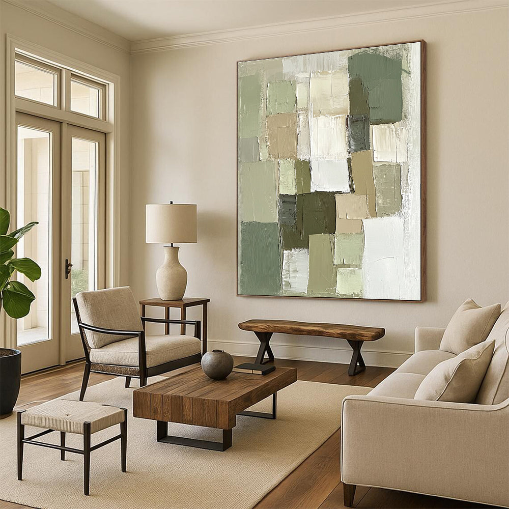 Green and Neutral Tones Abstract Painting with Textured Squares WINK811