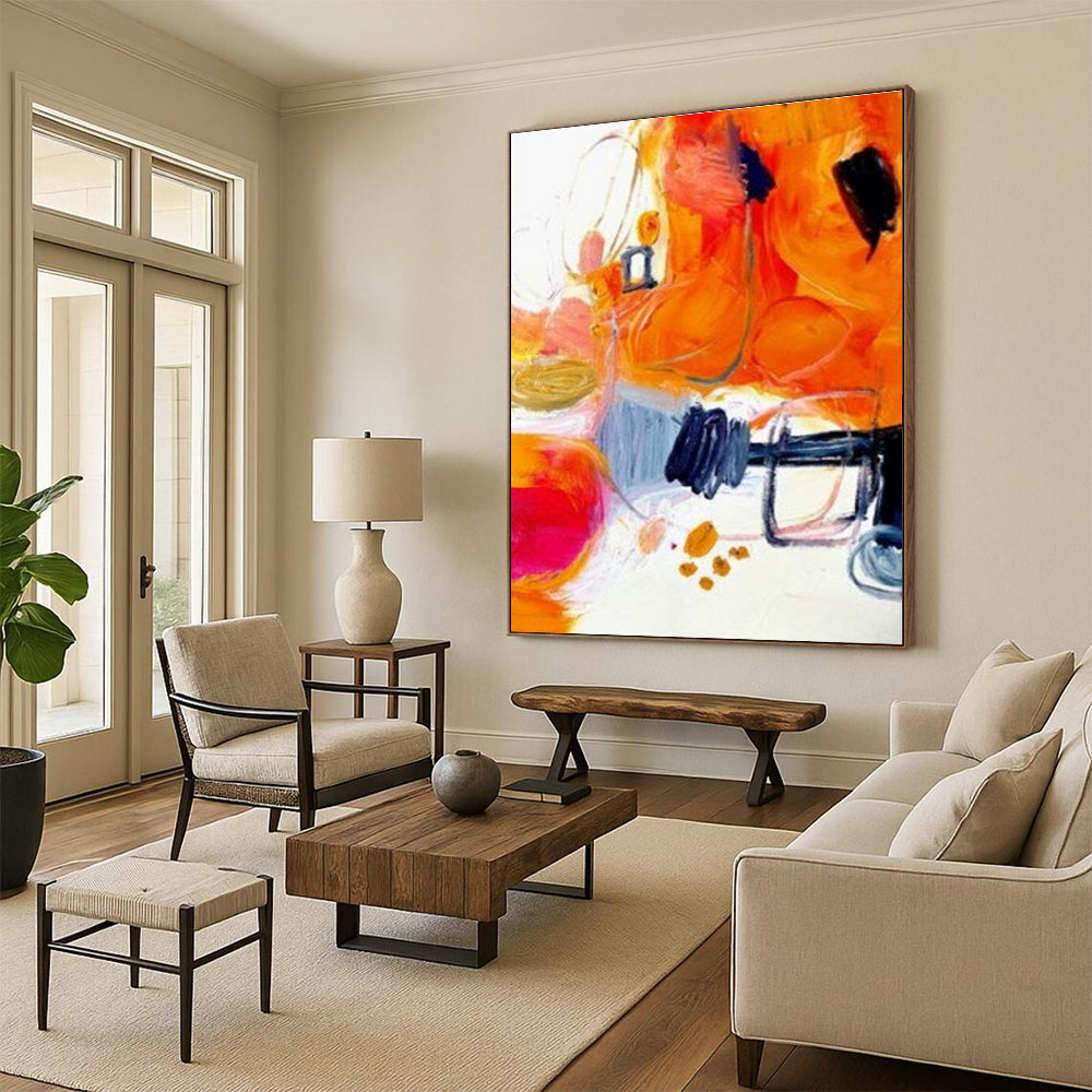 Energetic Orange - Hued Abstract Forms Painting for Creative Spaces HENG272