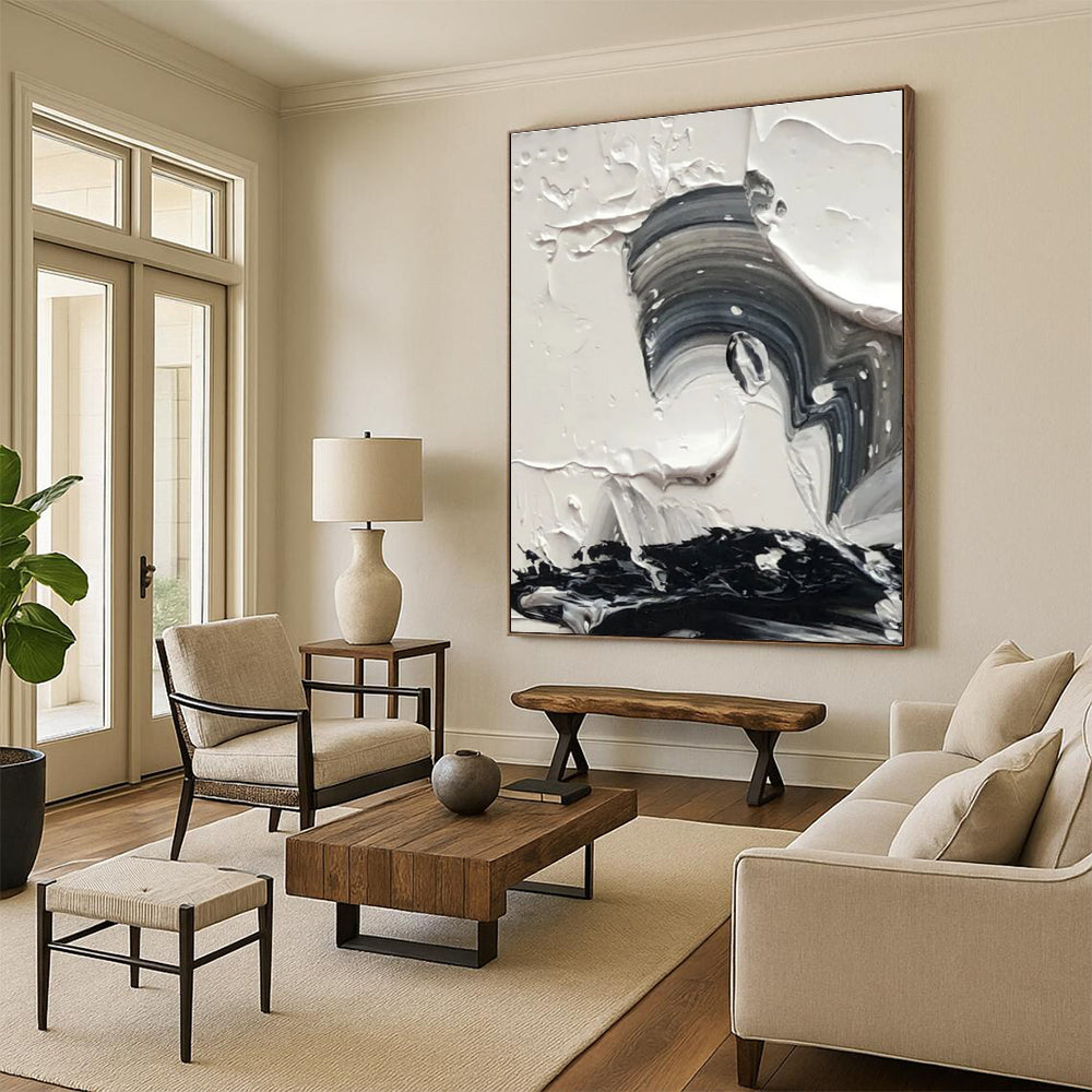 Black and White Swirl Abstract Painting for Dynamic Entryways HENG444