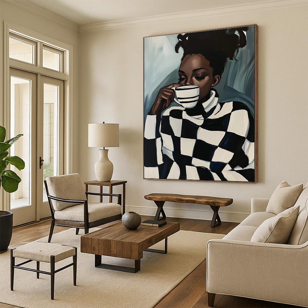 Stylish Woman with Checkered Sweater Abstract Painting GAB0038