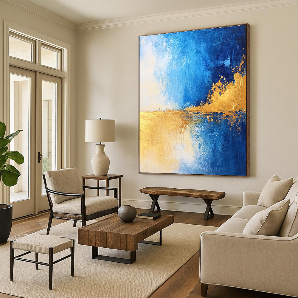 Blue and Gold Abstract Horizon - Dynamic Color Field Abstract Art GAB0461