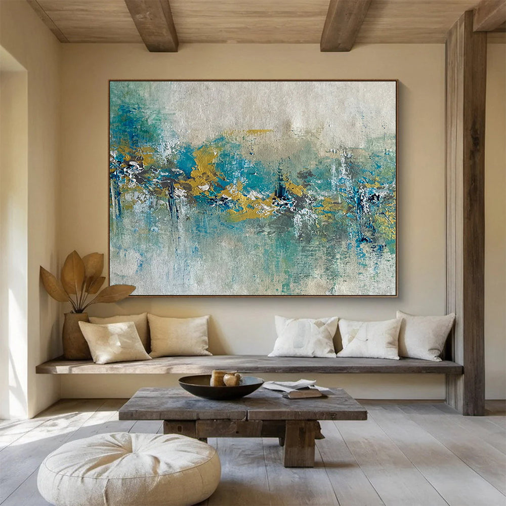 Teal and Gold Abstract Band Painting for Coastal - Themed Restaurants YHT342
