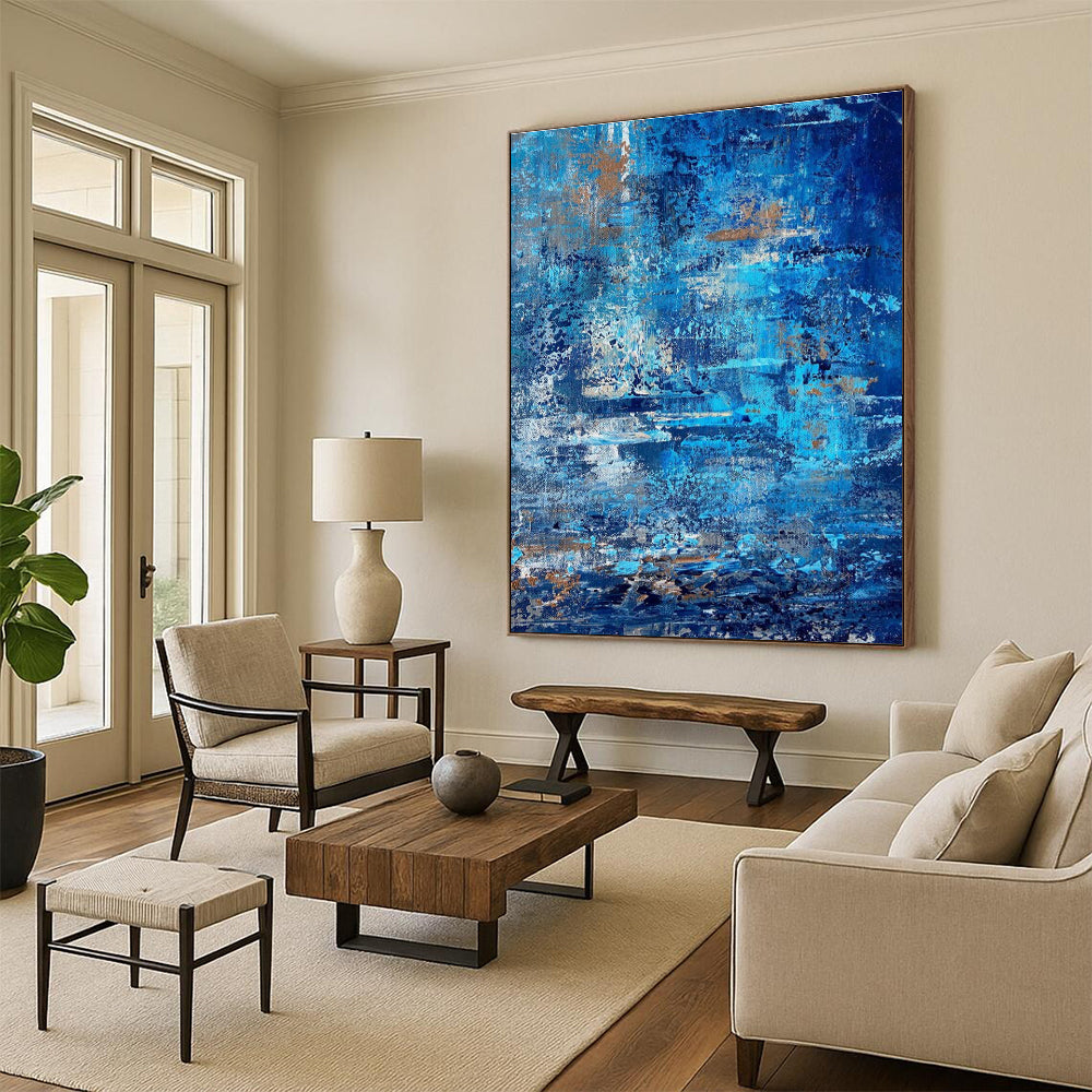 Blue and Gold Textured Abstract Painting for Coastal Home Interiors HENG457