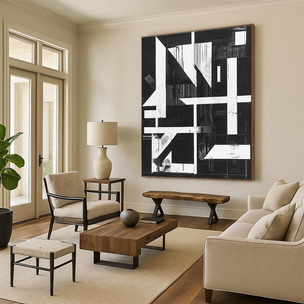 Geometric Black and White Abstract Painting with Structural Intrigue WINK145
