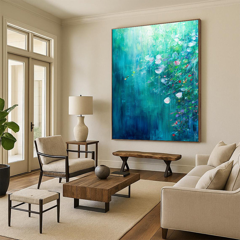Teal Floral Abstract Painting for Tranquil Gardens GAB0745