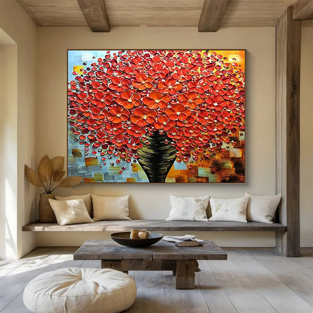 Red Flower Vase Abstract Painting for Bold Dining Rooms YHT226
