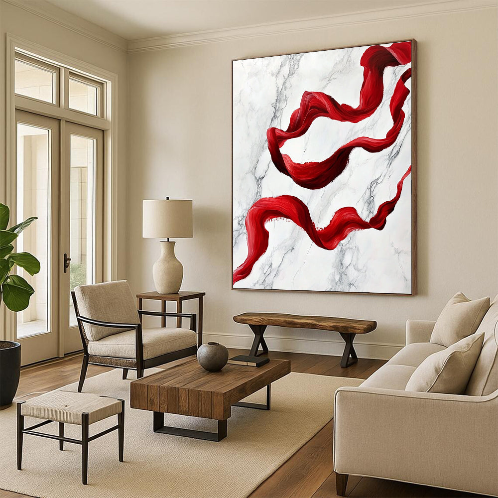 Red Ribbon on Marble Abstract Painting for Luxurious Spaces GAB1459