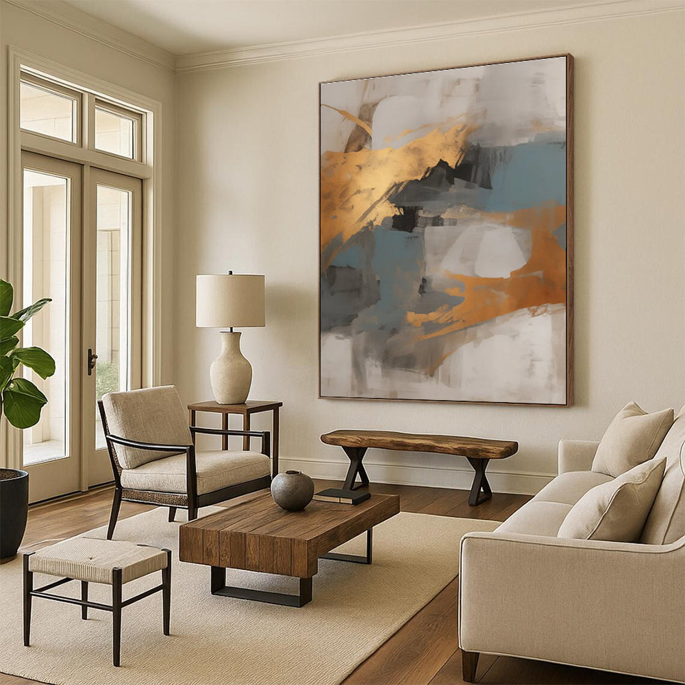Gray - Gold - Blue Abstract Painting for Sophisticated Office Lounges HENG136