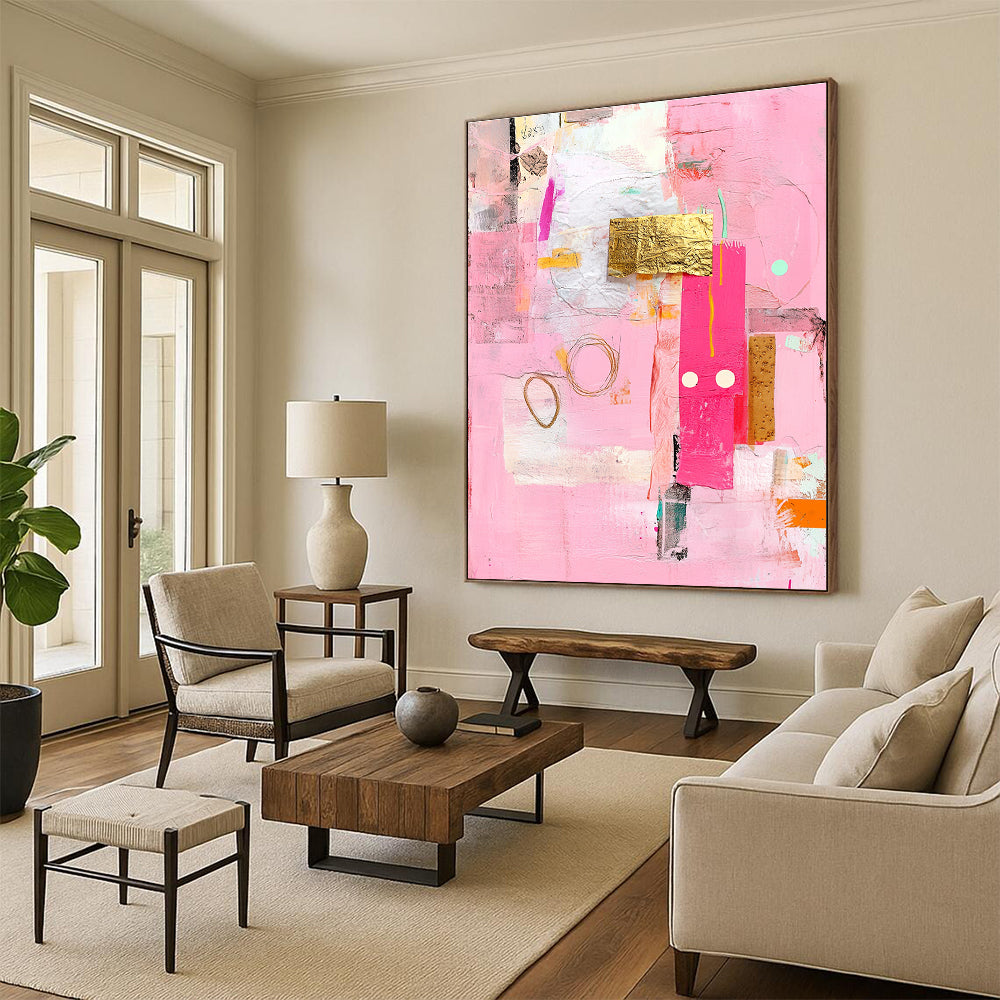Pink Collage Art Vibrant Mixed - Media Abstract Painting GAB0320