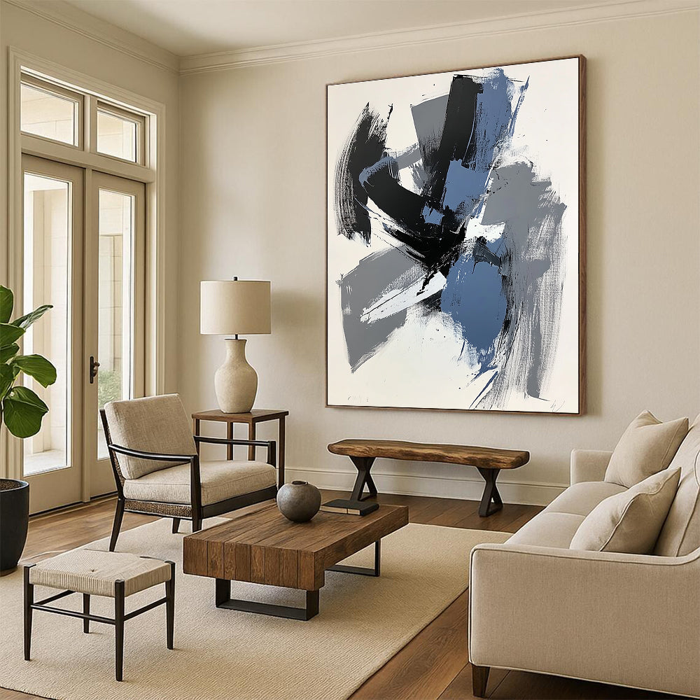 Gray Black and Blue Abstract Painting with Expressive Layers WINK824