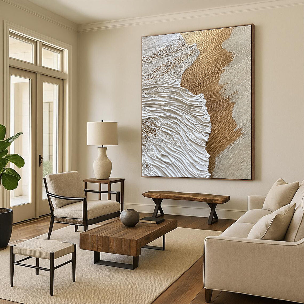 Gold and White Textured Waves Abstract Painting with Luxurious Vibes GAB0069