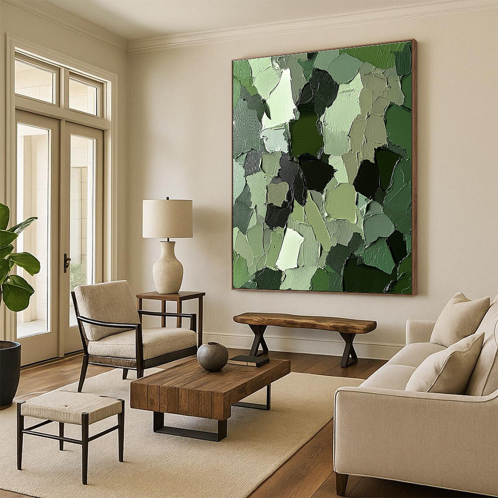 Green Patchwork Textured Abstract Painting with Playful Nature WINK107