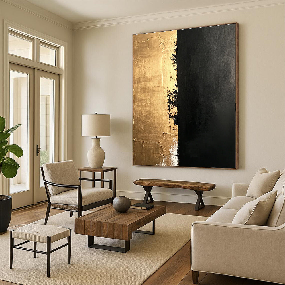 Gold and Black Textured Divide Abstract Painting with Luxe Contrast WINK019