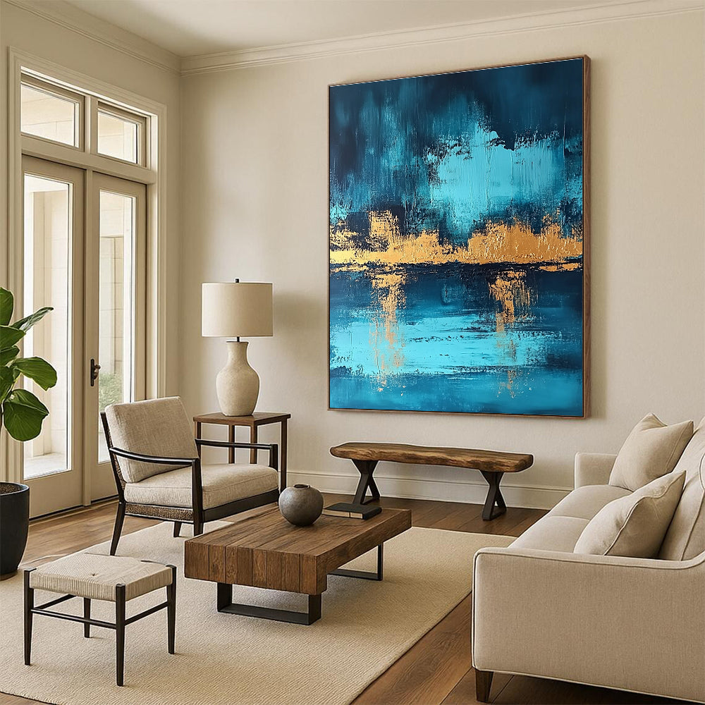 Blue and Gold Reflection - Elegant Landscape Abstract Painting GAB0460