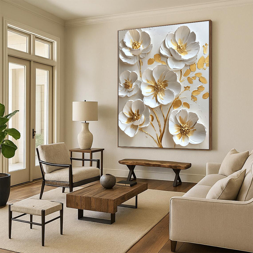 3D White and Gold Flowers Opulent Abstract Painting for Lavish Interiors GAB1529