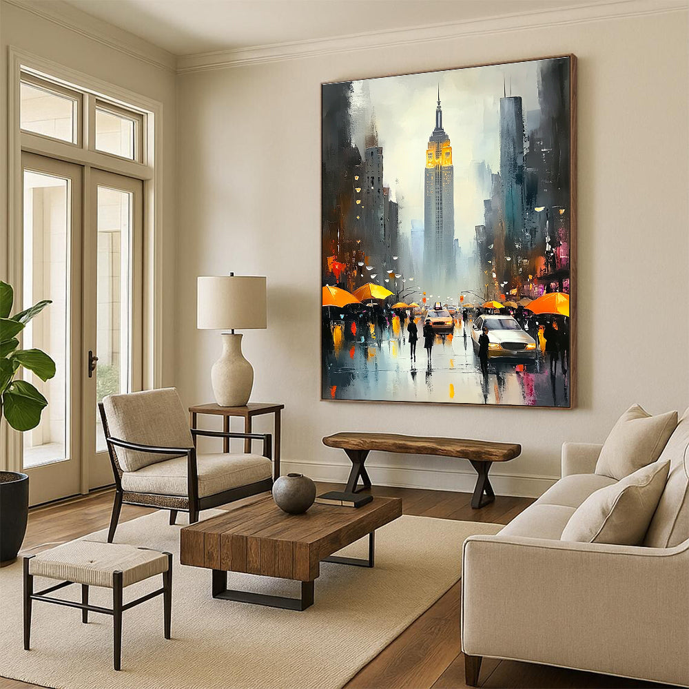 Rainy City Street with Umbrellas Romantic Urban Abstract Painting GAB0287