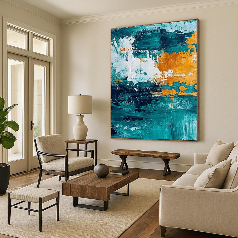 Teal and Orange Abstract Painting with Bold Textures WINK793