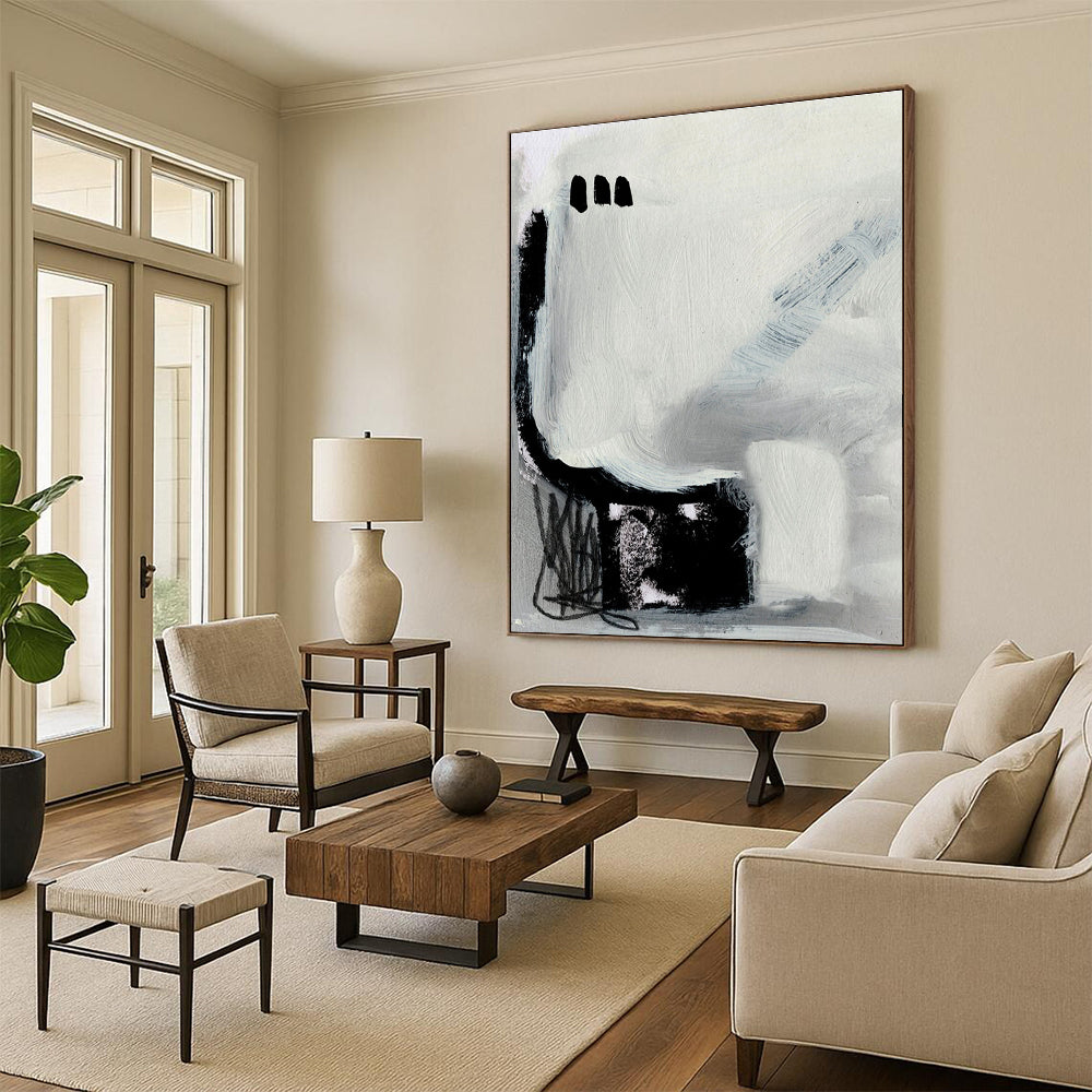 Minimalist Black - White Abstract Painting for Modern Art - Themed Bedrooms HENG205