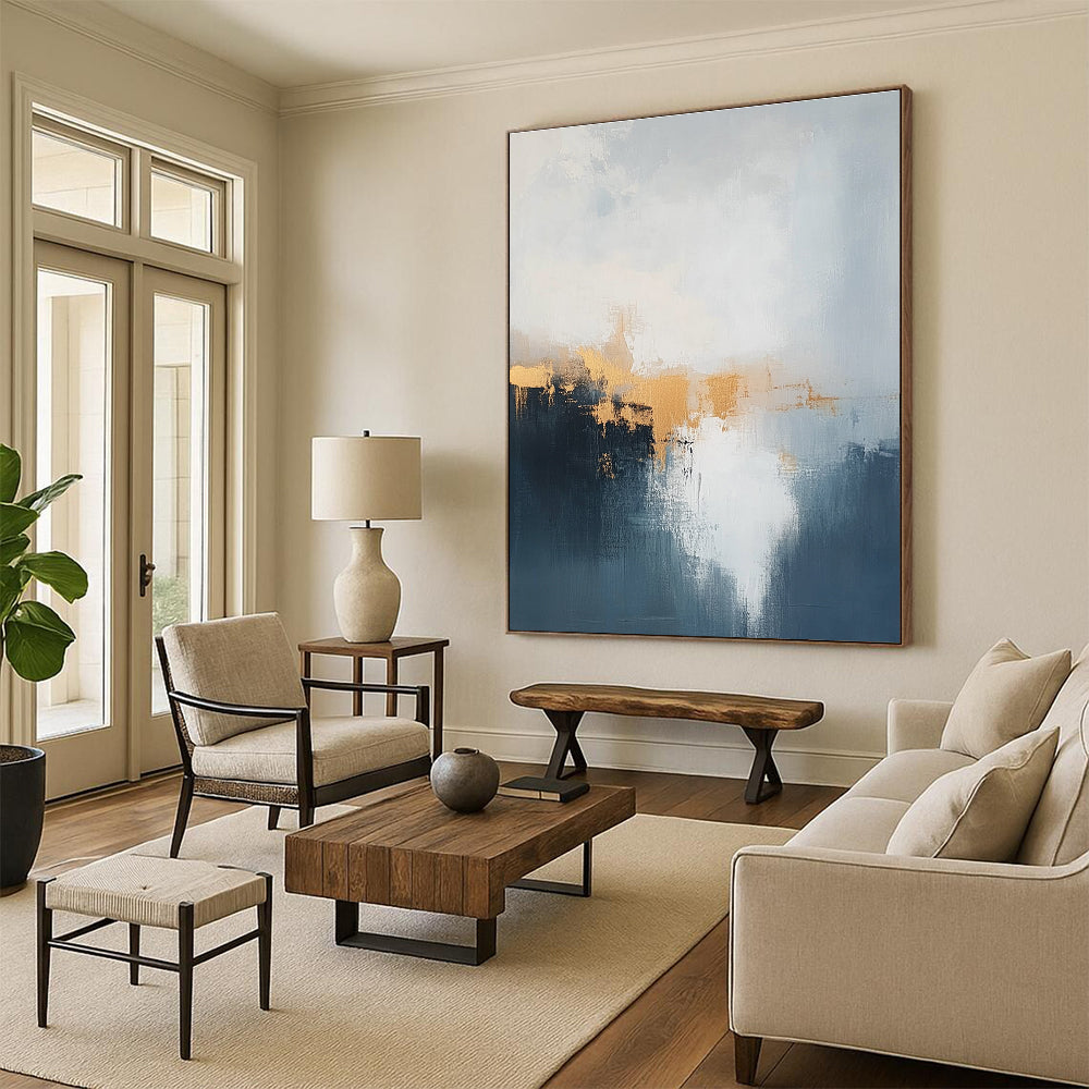 Blue and Gold Abstract Mist Painting for Coastal Hotel Lobbies GAB1189