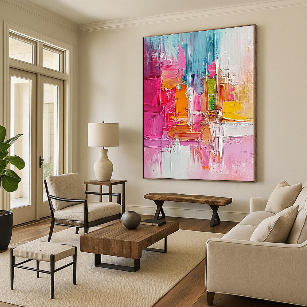 Pink Orange Blue Abstract Painting with Textured Vibrancy WINK519
