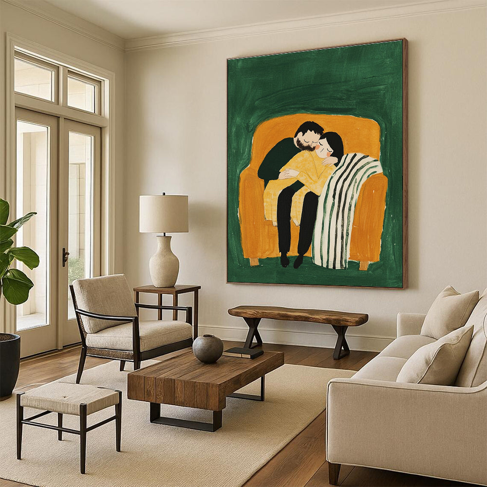 Cuddling Couple on Sofa Abstract Painting of Warm Intimacy GAB0192