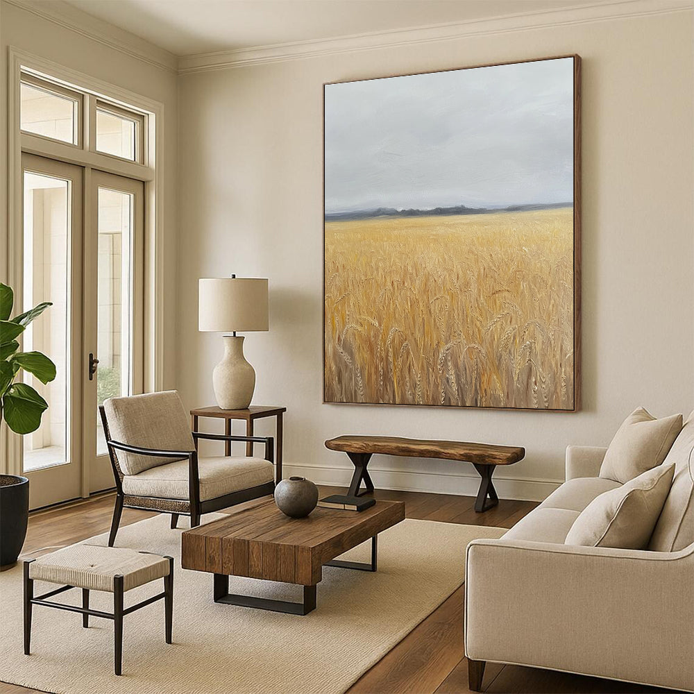 Golden Wheat Field Landscape Abstract Painting of Harvest Serenity GAB0170