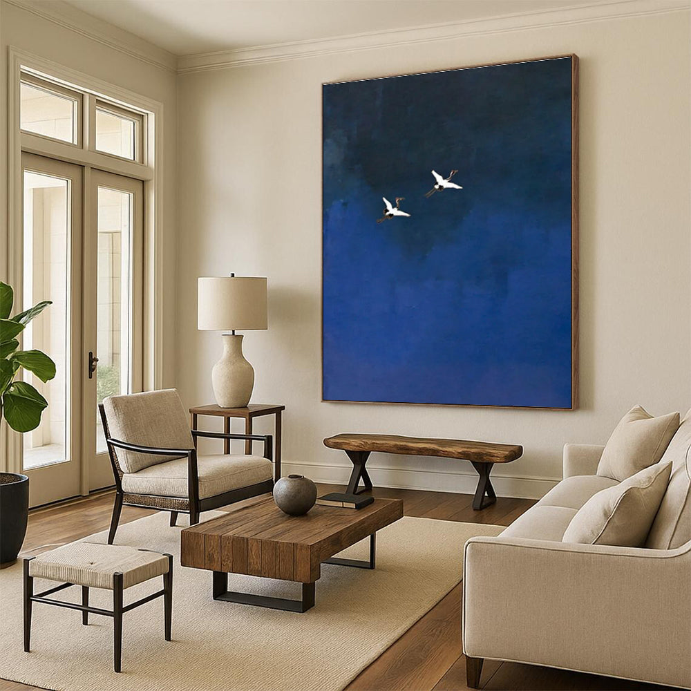 Two Cranes in Blue Sky Abstract Painting for Zen - Inspired Spaces HENG481