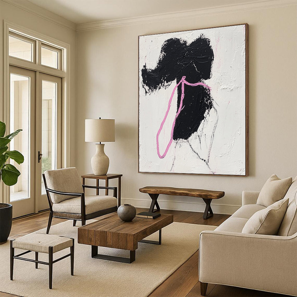 Black Silhouette with Pink Ribbon Abstract Painting for Feminine - Themed Boutiques GAB1376