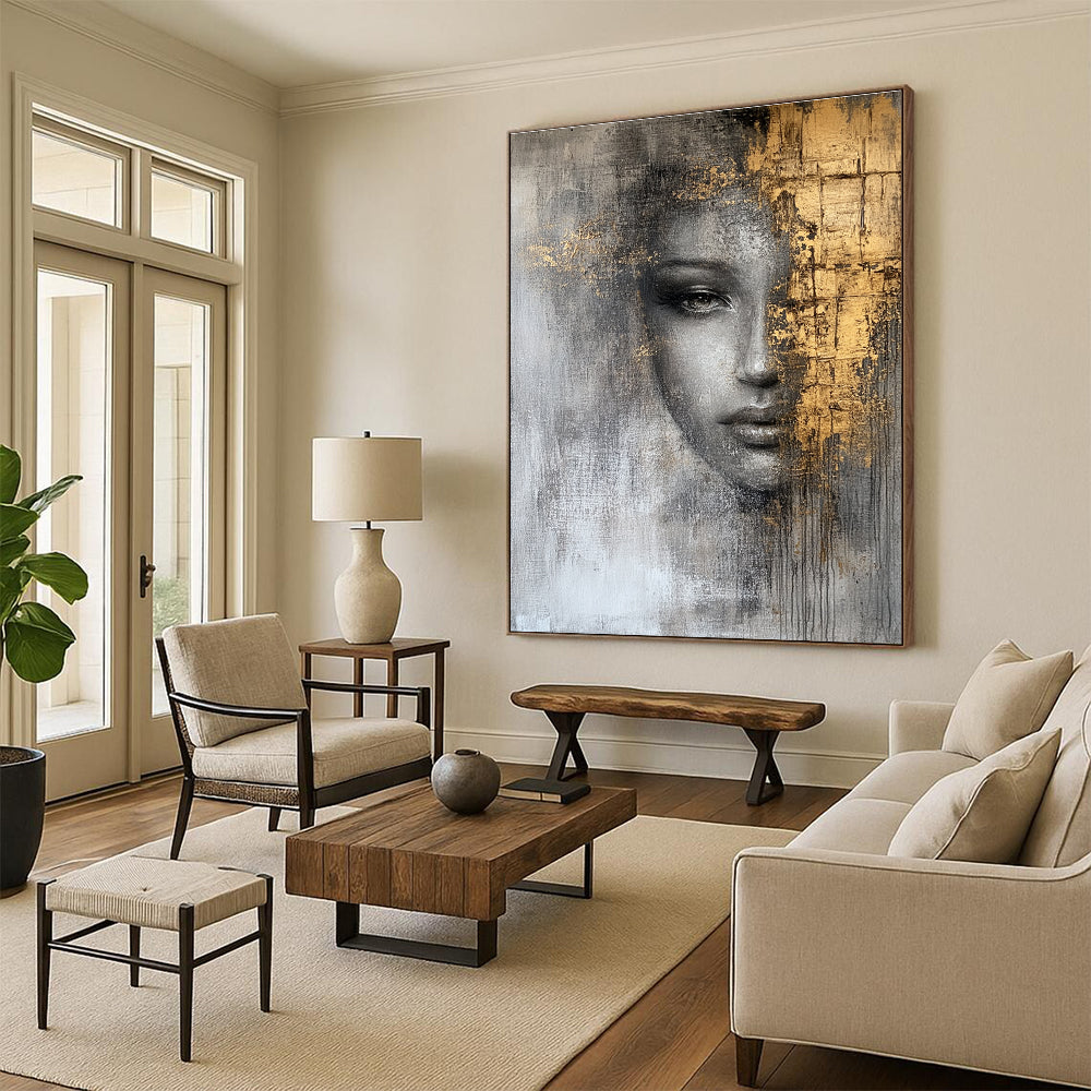Gray and Gold Portrait Abstract Painting for Luxury Living Rooms GAB0973
