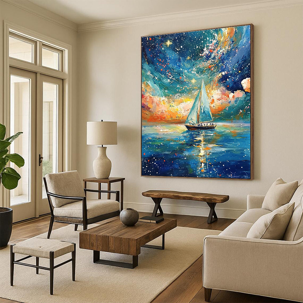 Sailboat Under Starry Sky Dreamy Maritime Abstract Painting GAB0354