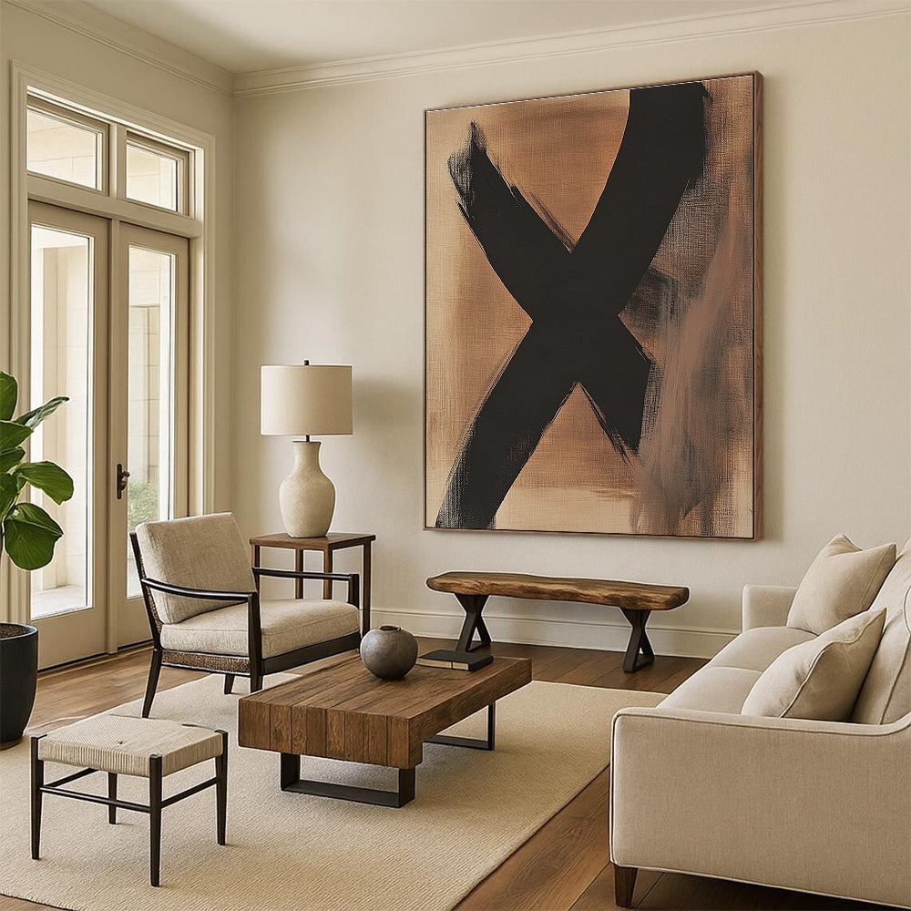 Large Black X on Beige Abstract Painting with Bold Symbolism WINK017