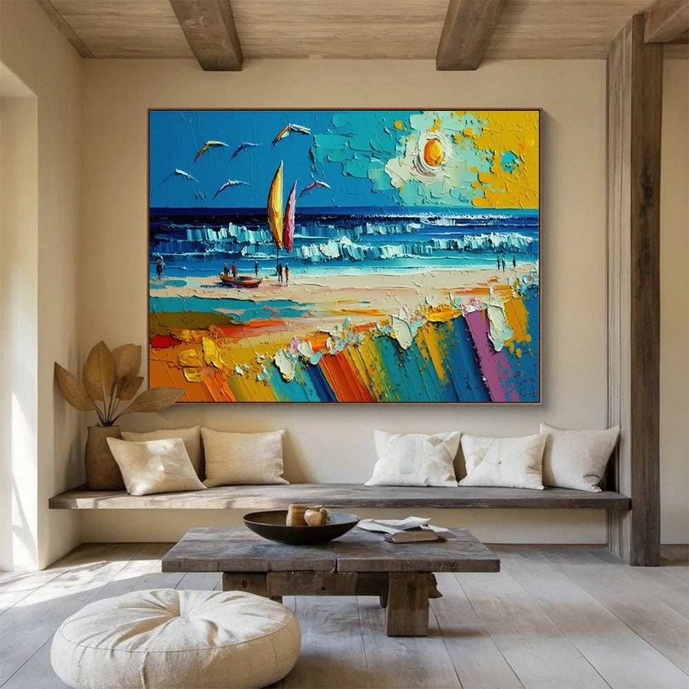 Beach Scene with Sailboat Abstract Painting for Vacation Home Interiors YHT313