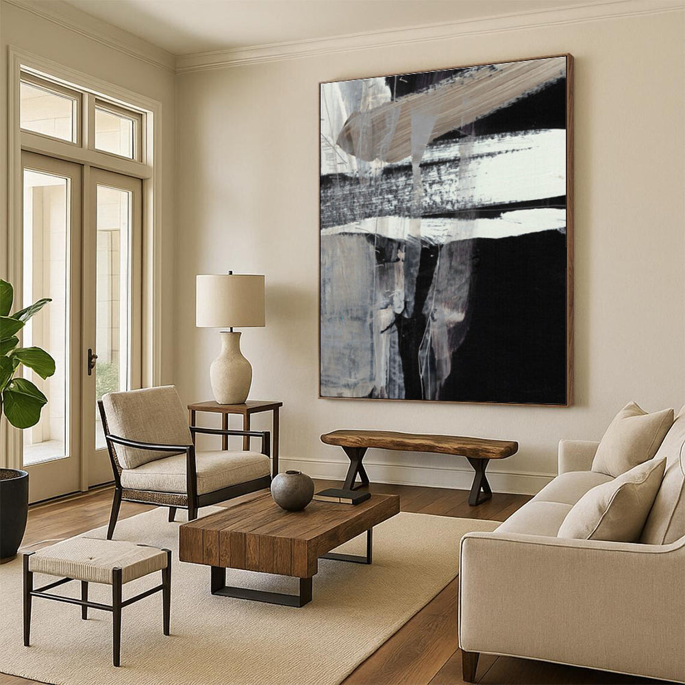 Black - White Textured Abstract Painting for Minimalist Home Offices HENG193