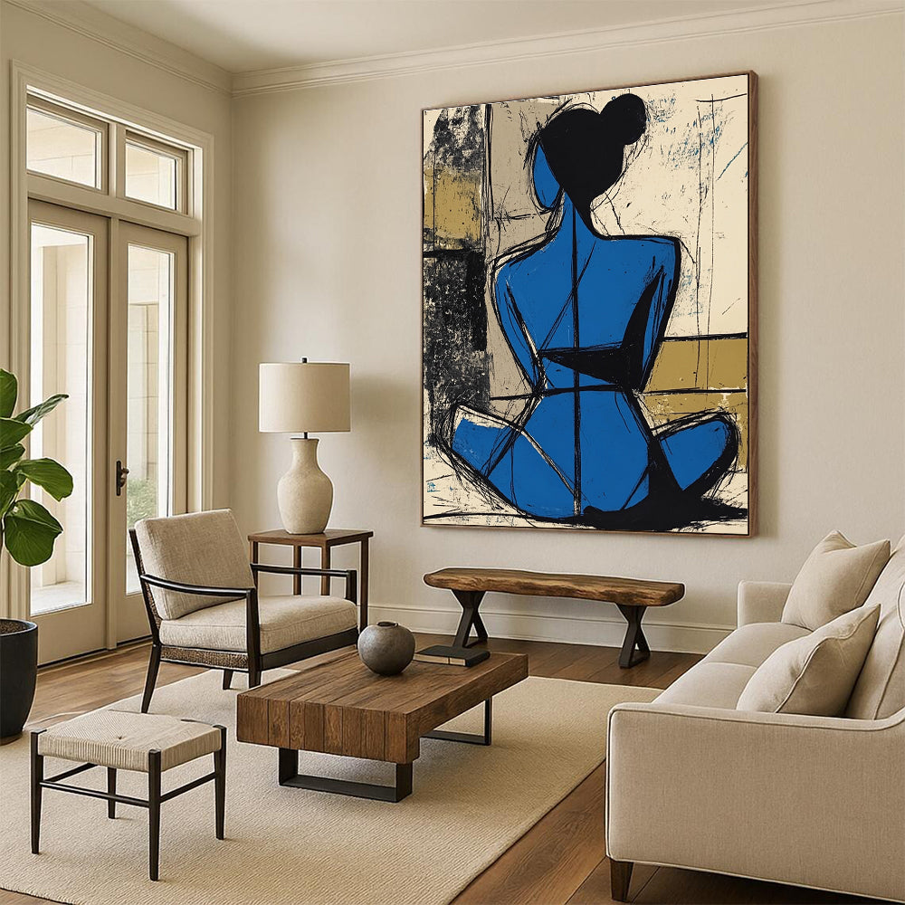 Blue Figure Silhouette Abstract Painting of Graceful Form GAB0116